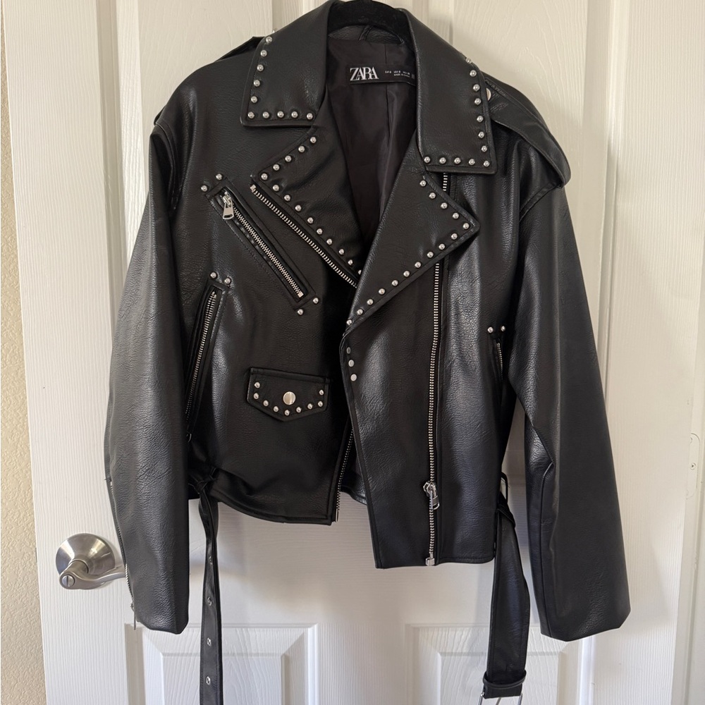 Zara Black Leather Jacket with Stud Accents